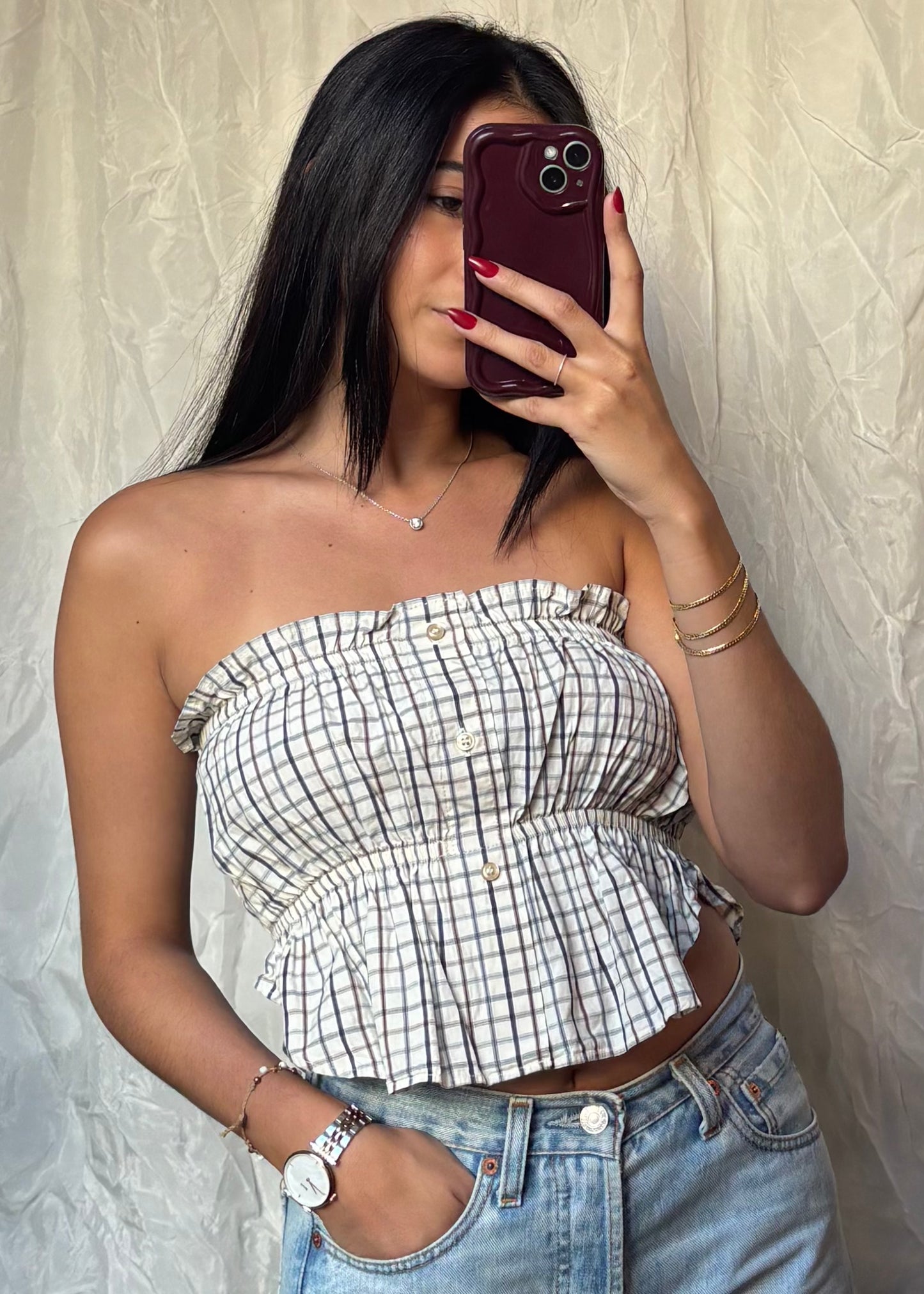 Top Luna, Beige à carreaux, XS-S