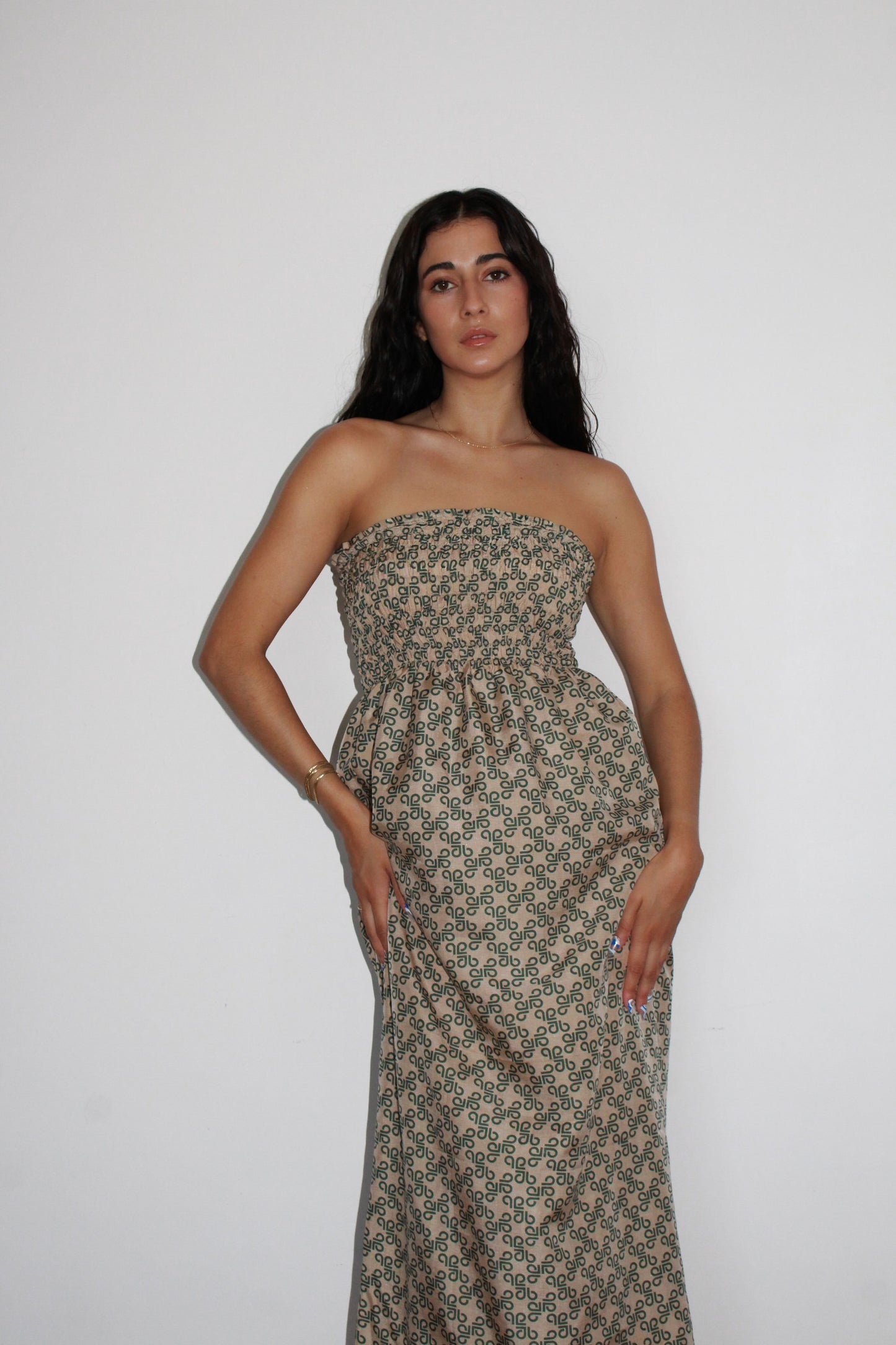 Robe longue Alie, Vert et beige, XXS-XS