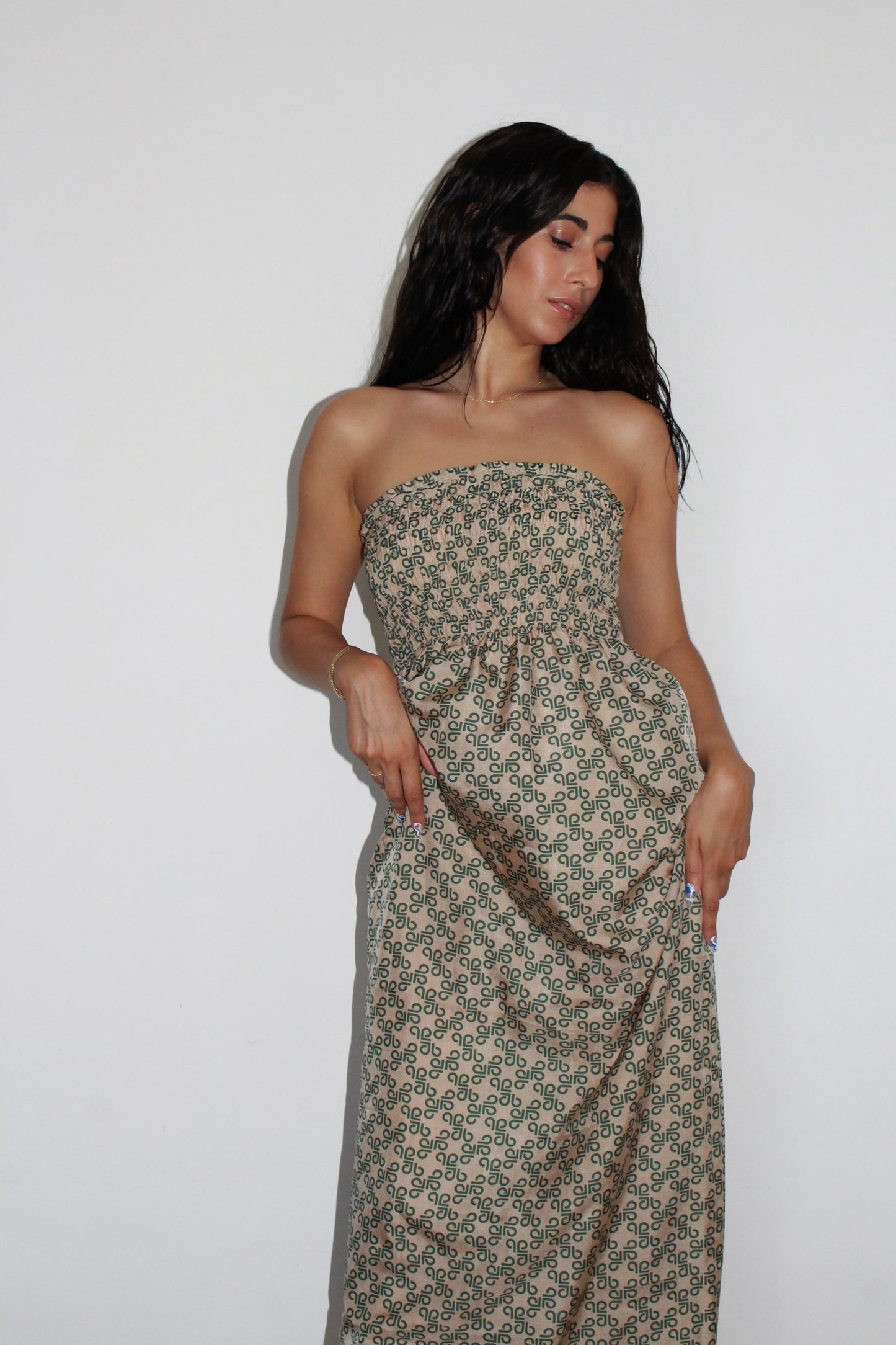 Robe longue Alie, Vert et beige, XXS-XS