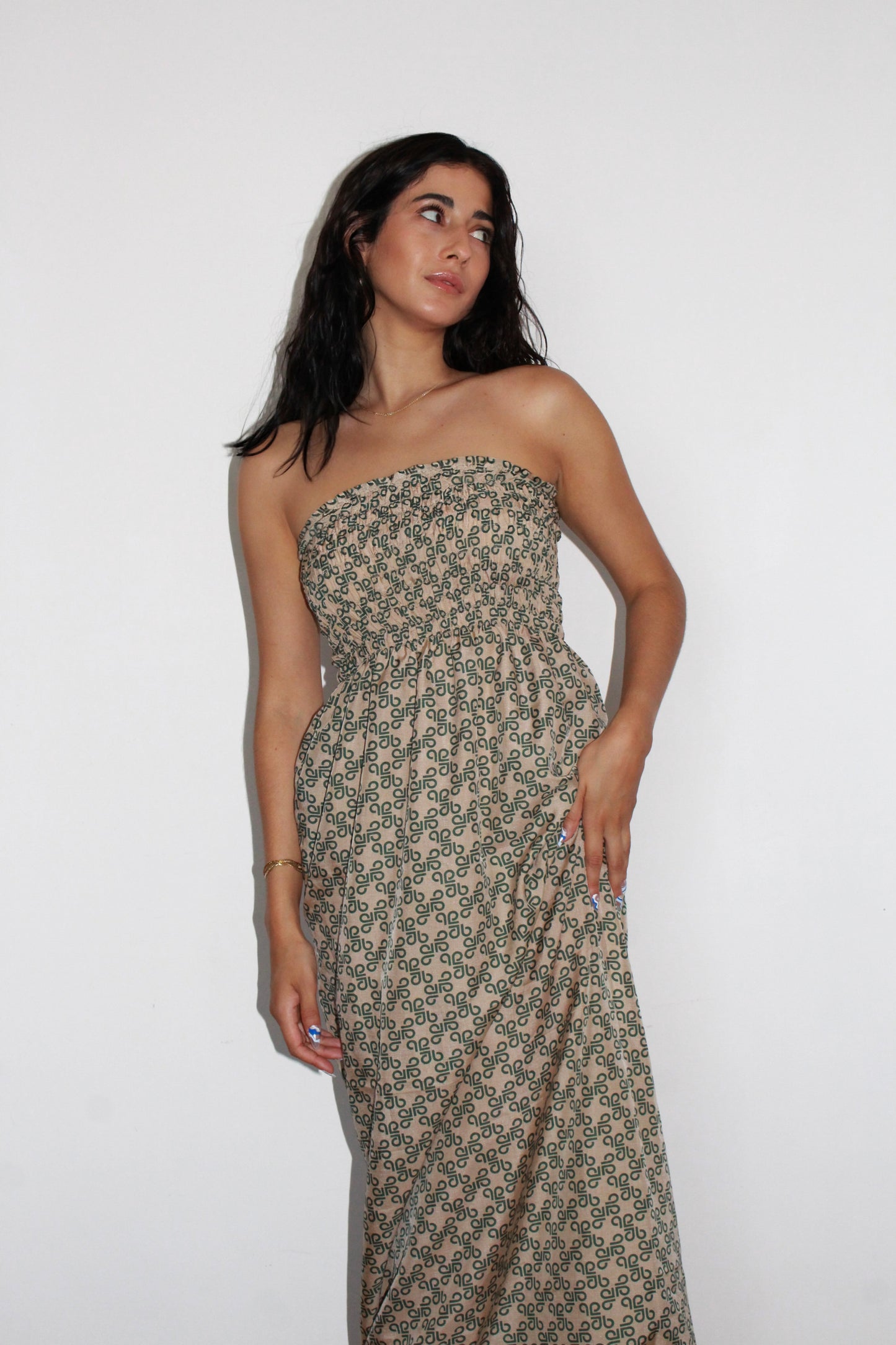 Robe longue Alie, Vert et beige, XXS-XS