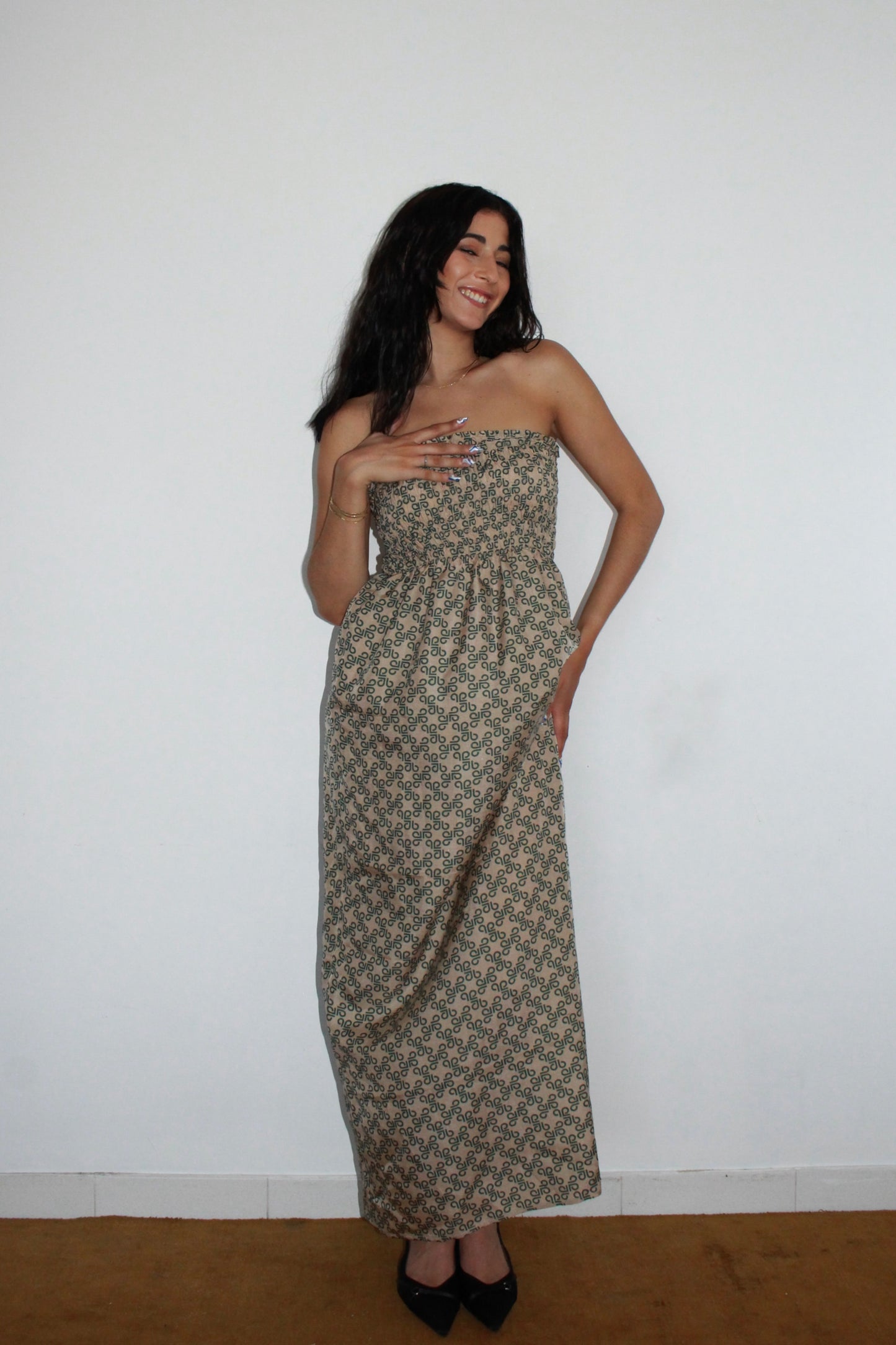 Robe longue Alie, Vert et beige, XXS-XS