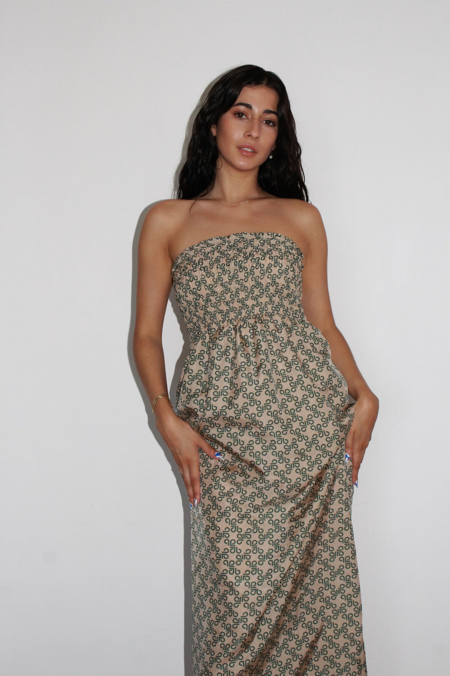 Robe longue Alie, Vert et beige, XXS-XS