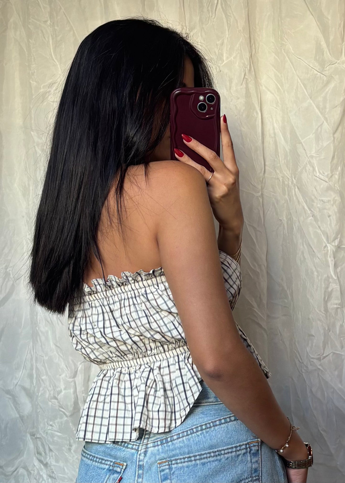 Top Luna, Beige à carreaux, XS-S